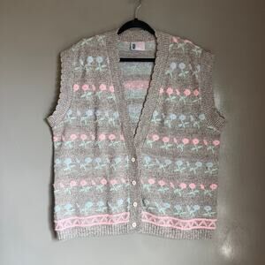 Vintage NEEDLES UP Women's XL Grey Floral Knit Sweater Vest Cottagecore Retro